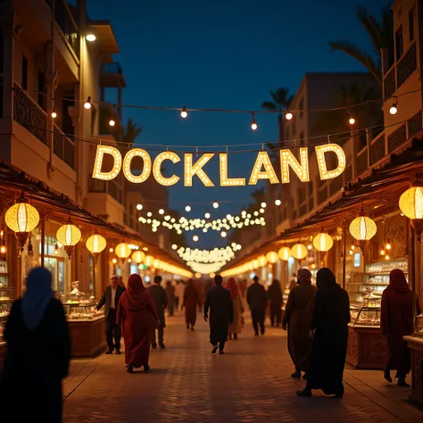  realistic 4K nighttime scene of a vibrant Egyptian street beautifully decorated for Ramadan. The street is adorned with festive lights and hanging lanterns (fanous) emitting a warm, golden glow. Small shops are decorated with traditional Ramadan ornaments...