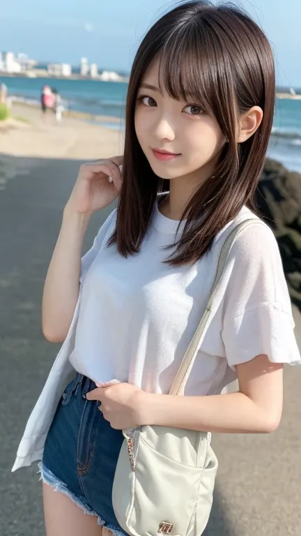  gravure idol shooting, round face,  short hair, One person, Seaside walk 