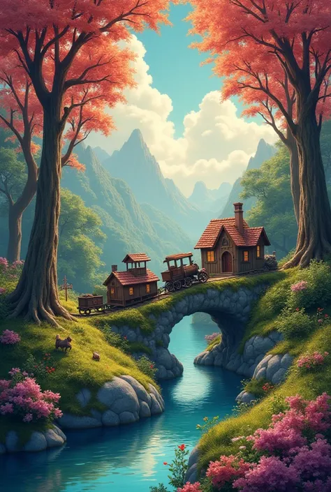  Create me a fairy tale picture with many colors with houses of dwarfs in a light colored trees a wooden train descending from the sky with magical rivers etc... Let it be a very beautiful picture taken as if from a paradise  