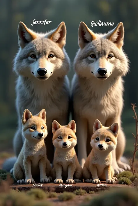 Deux loup adultes écris Jennifer et Guillaume au dessus de leurs tetes. Et trois bébé loups devant avec devant eux écrit Maelys, Margaux, et Arthur sur un morceau de bois 
