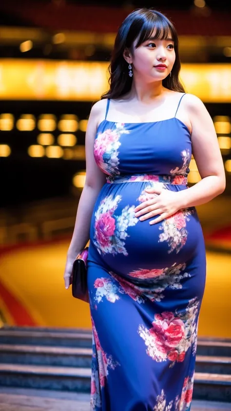 masterpiece, Best Quality, 8K,looking at the viewer,Japanese Lady,20 years old, huge pregnant, Voluptuous, cinema background, chiffon dress, standing 