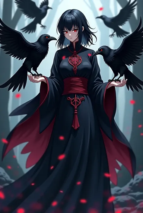 "4K anime style quality, digital drawing mode, an intense female mage with black hair styled into raven feathers, sharp red eyes, and dark robes adorned with raven symbols, standing in a shadowy landscape with ravens flying around her, her Armament Haki fo...