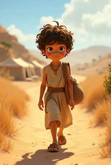 Young David, a  boy with curly brown hair, deep brown eyes, and tan skin, walks along a dusty road under the bright midday sun. He wears a beige tunic tied with a rope belt and carries a small sack of food over his shoulder. His sandals leave imprints in t...