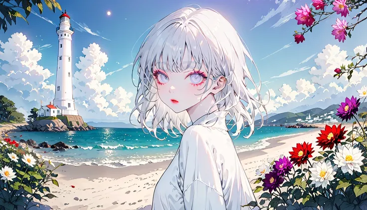  high quality,  high detail,  blue sky,  beachside，White Lighthouse， White Clouds ,，  The glowing background is a purple dahlia，(最 high quality, veryよく詳しい, Hi-Res:1.2), SLIM ALBINO GIRL ，  very短い白髪 , Grey Bangs ， very_Long white eyelashes,  white eyebrows,...