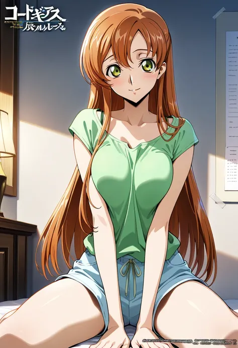 masterpiece,best quality,official art,wall paper,absurdres, beautiful detailed face,detailed texture,detailed skin,BREAK 1gir, Code Geass ,source_ Code Geass,Shirley Fenette,shirt,shorts,room
