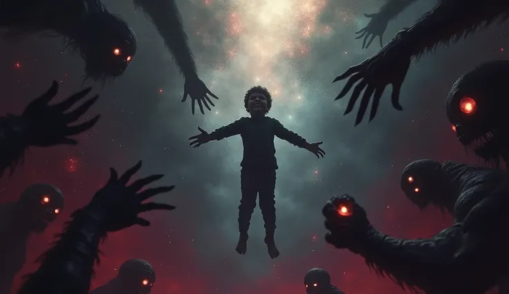 A dark, terrifying scene summarizing a near-death experience with cosmic horror elements. A age boy floats helplessly in a vast, shadowy void filled with monstrous, distorted entities with piercing, glowing eyes. The void is dominated by deep blacks, dark ...