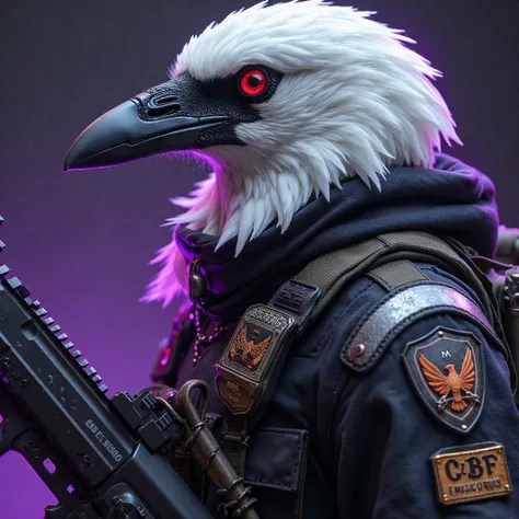 Special forces emblem. Include a spec ops white feathered Crow. Include the name "MAB Special Forces" copper on uniform shoulder. Include the name "Crow" on armor. Head slightly turned to viewer. Glowing purple light, copper, cool crow, Spec Ops logo, assa...