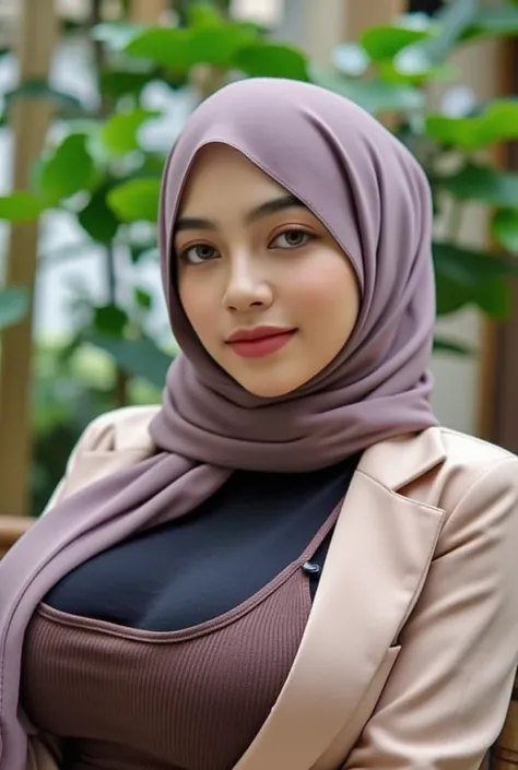 Close up),RAW, Best quality, high resolution, masterpiece: 1.3), Beautiful Malay woman in hijab,tight kurta and thin closs over coat, fit body, big breasts, big beautiful eyes, Soft smile, beautiful face,woman wearing plaid dress sitting in living room gar...