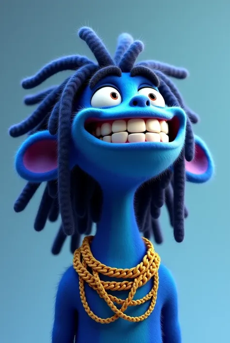 dread head Blue animated animal character gold chains around his neck and ears with flat no gaps in teeth with a big white smiling teeth and a gradient background and dreads on his head cool face expression looking up at the ceiling squinting eyes 