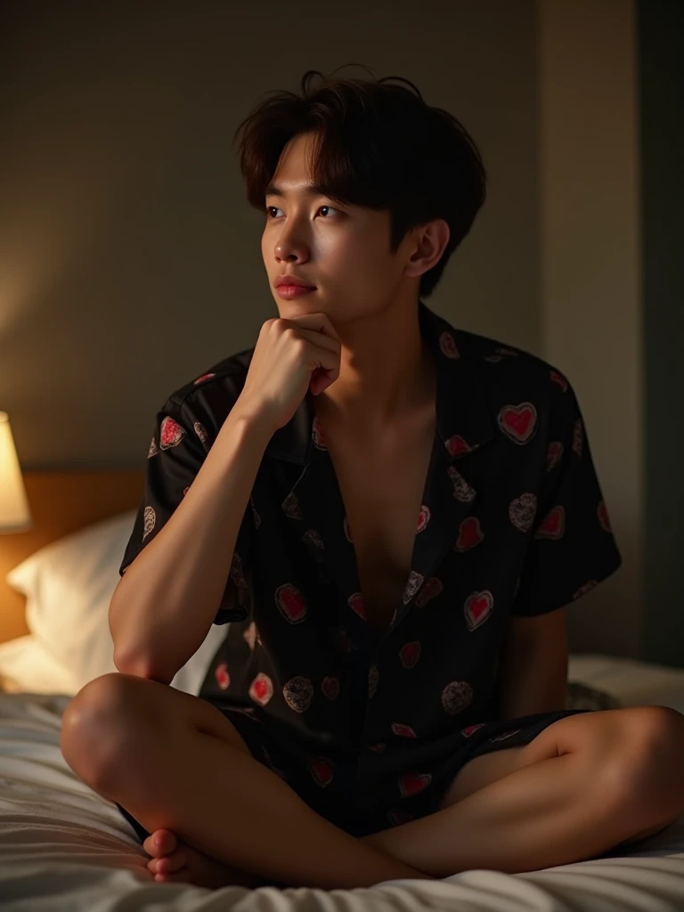 A handsome brown-haired Korean man was daydreaming with his hand holding his chin, he was sitting on the bed, he was wearing a black nightgown with lots of love patterns, shorts and slippers, the atmosphere was dark with the bedroom lights on.