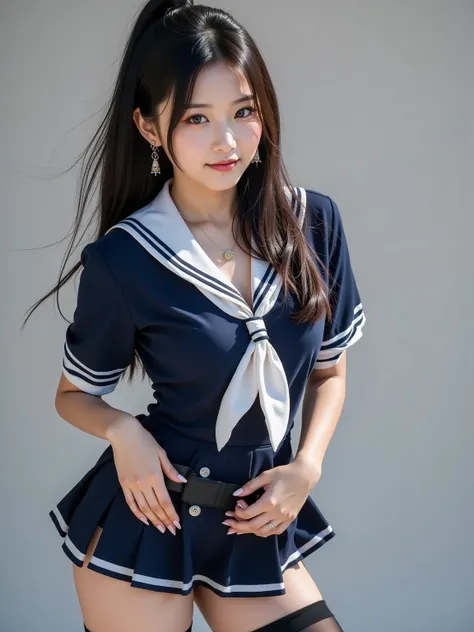 Korean girl, occupation is idol, black long hair, big chest, Sailor school uniform, short navy pleats skirt, thigh stocking