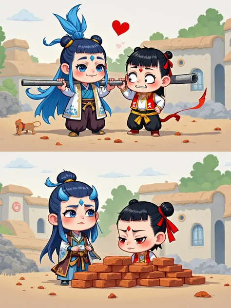 Animation Style, Nacha in classic costumes, Show "Nezha no Demon Boy Naohai" at a construction site, Nacha is dressed in costume, Carrying a steel pipe, has a cinematic look; Nacha and Ao Bing in traditional costumes, heads down, holding a pile of bricks, ...