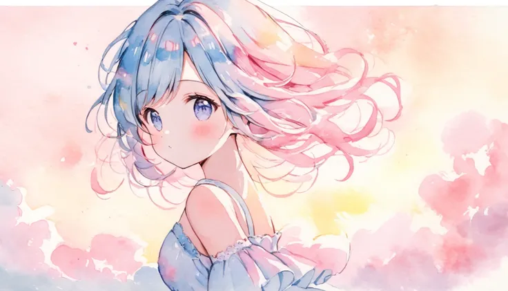 watercolor,Light blue and pink,Shining girl with white outline