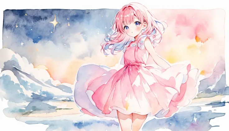 watercolor,Light blue and pink,Shining girl with white outline