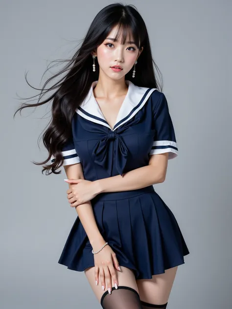 Korean girl, occupation is idol, black long hair, big chest, Sailor school uniform, short navy pleats skirt, thigh stocking