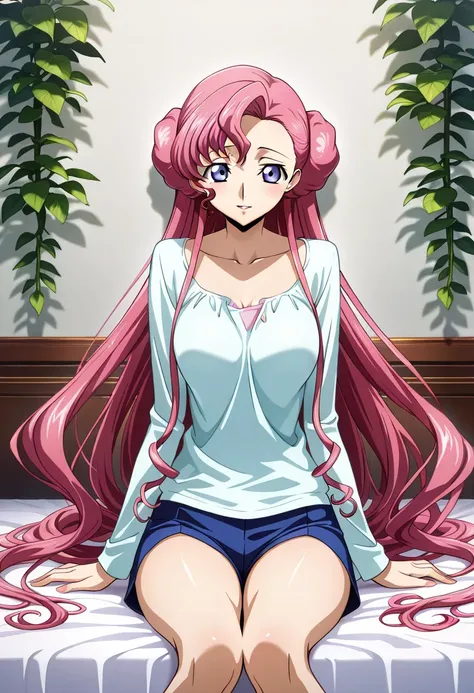 masterpiece,best quality,official art,wall paper,absurdres, beautiful detailed face,detailed texture,detailed skin,BREAK 1gir, Code Geass ,source_ Code Geass,Euphemia Li Britannia,shirt,shorts,room
