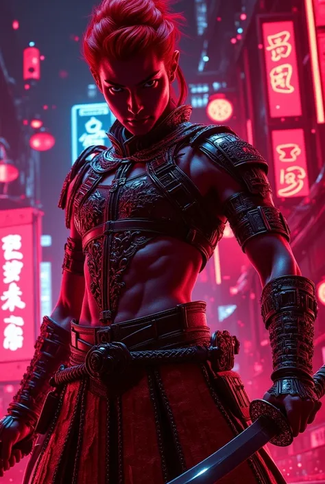 cinematic visuals of a man strong warrior  have a katana sword tattoos body sharp gaze cyberpunk red outfit red hair pose neon miniskrit 