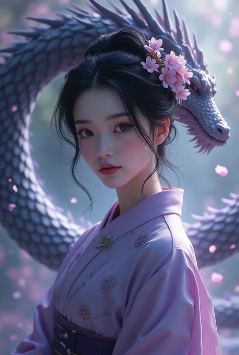 Make me a picture of a japanese woman with a touch of dragon around it plus a little light purple and black color