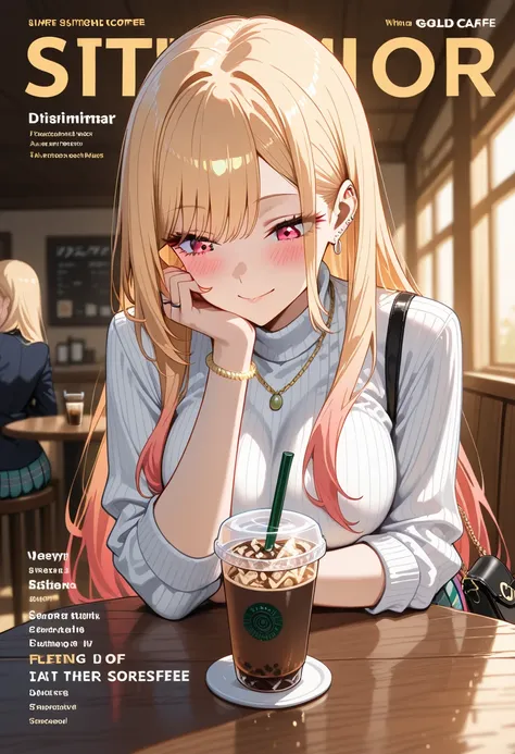 Marin Kitagawa, sitting at a cozy café, resting both elbows on the table, sipping her iced coffee through a straw, looking down at her cup with a neutral, relaxed expression, long loose blonde hair softly cascading over her shoulders, light pink ombre hair...