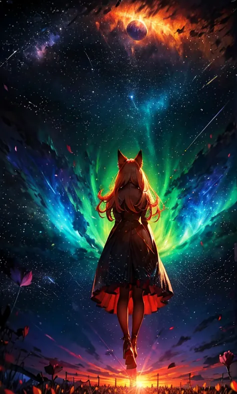 １people々々々々々々々々,    blond woman ，         fox ears，         long coat    ，        tall    ，          dress silhouette，          rear view，Space Sky,   Flower Field  ，Countless meteor showers，           colorful flowers     ，Dancing petals，