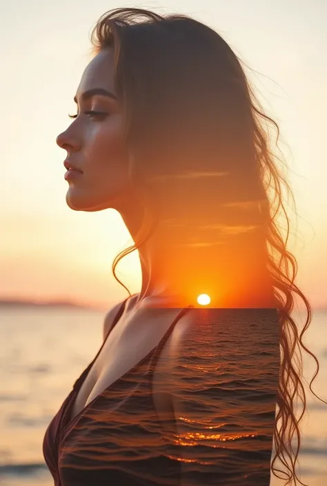 high quality，8k Ultra HD，Beautiful Double Exposure，Combining the silhouette of the goddess with the sunset coast， Sunset coast should be used as a ground layer background，Details are integrated into the silhouette of the goddess， clear lines ，The backgroun...