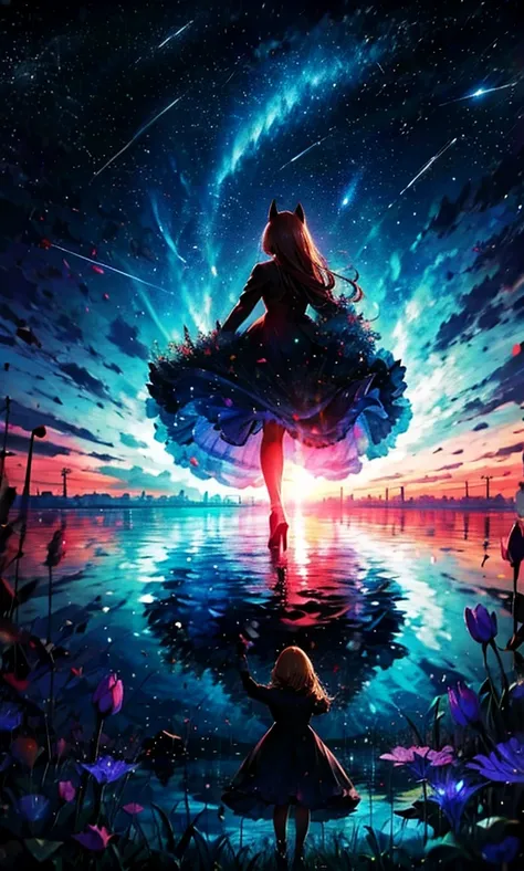 １people々々々々々々々々,    blond woman ，         fox ears，         long coat    ，        tall    ，          dress silhouette，          rear view，Space Sky,   Flower Field  ，Countless meteor showers，           colorful flowers     ，Dancing petals，