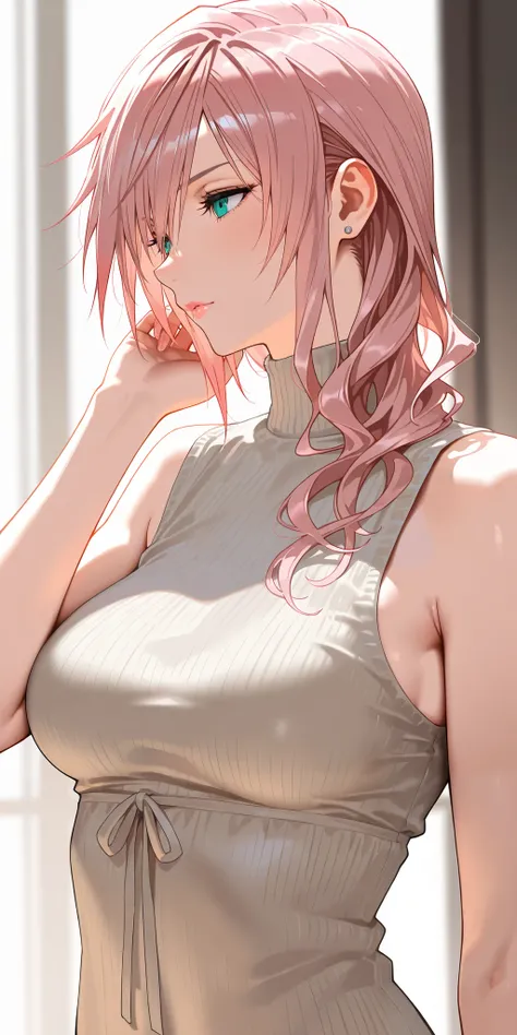 Masterpiece, mature woman, lightning farron, slim, medium breast, sleeveless turtle neck,  upper body, ultra detailed, highres, absurdres, final fantasy xiii style