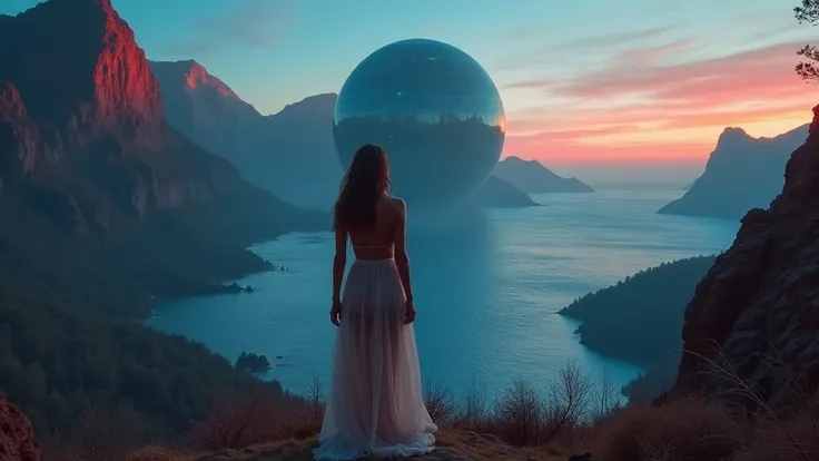 Back side dynamic photo of a super sexy lady in a smoke who is seeing a stunning red-blue mountains and wild, rounded biggest building world and sea, standing at a top place, at night time, realistic cinematic style, ultra HD 4k quality in 3d 