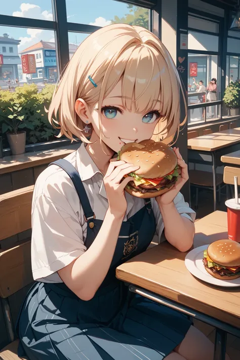  with a huge smile　On the way home from school　 Japanese students　Date　Eating a hamburger 