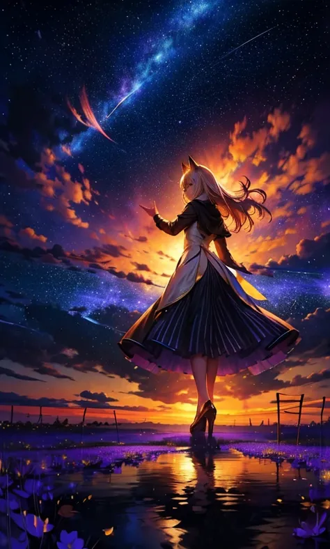 １people々々々々々々々々々,     blond woman  ，          fox ears，          long coat     ，         tall     ，           dress silhouette，           rear view，Space Sky,    Flower Field   ，Countless meteor showers，             colorful flowers     ，Dancing petals，