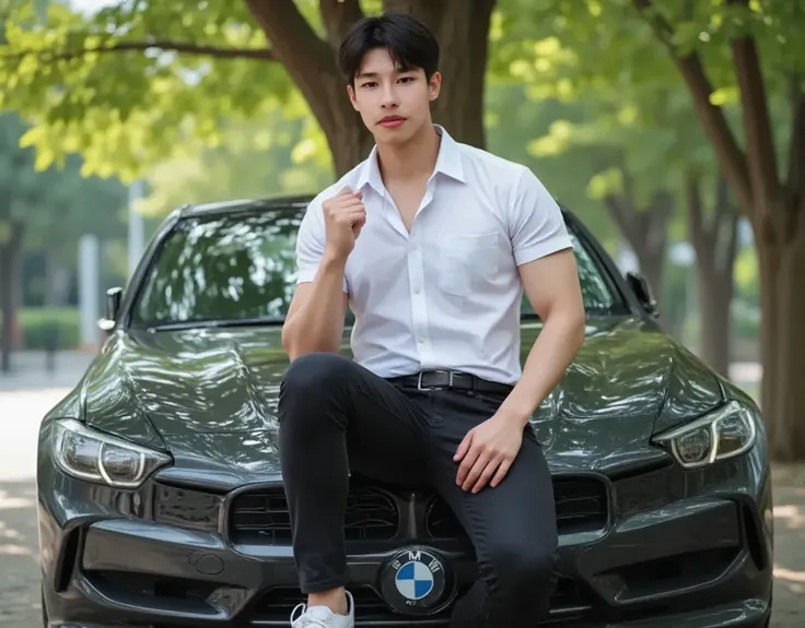  A handsome young Asian man, 25 years old, wearing a white shirt, a good figure, with muscles, pants Black long leg jeans with white Nike shoes 、 standing under a ginkgo tree 、 The details of the branches are very clear. There is a white BMW840I next to it...