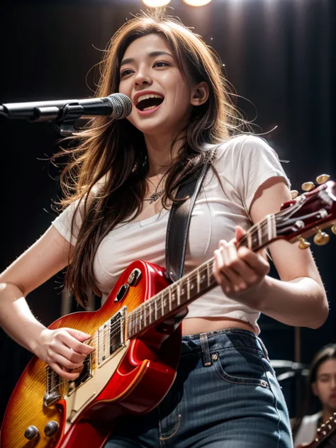 (1girl, solo), motorhead, lemmy kilmister, best detail, best proportion, best anatomy, best face, best shaped breasts, very big breasts, big ass, (tall girl), ((15years old ):1.0), (black long hair), ((female musician with electricbase guiter):1.3)), panty...