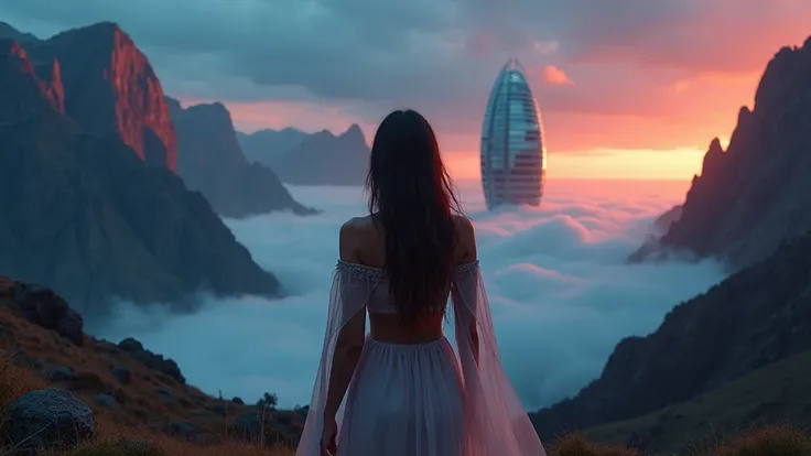 Back side dynamic photo of a super sexy lady in a smoke who is seeing a stunning red-blue mountains and wild, rounded biggest building world and sea, standing at a top place, at night time, realistic cinematic style, ultra HD 4k quality in 3d 