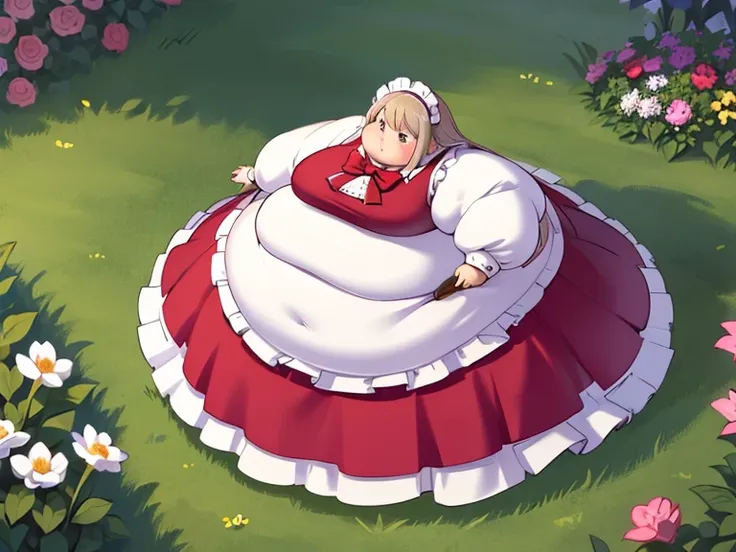 masterpiece,  best quality, Advanced Details ,  very obese ,  girl,  cute,  sitting on the floor,  very obese ,  My stomach is very sticking out, very big legs , Standing in the garden ,  The entire dress completely covers the body.、(pink long sleeve maid ...