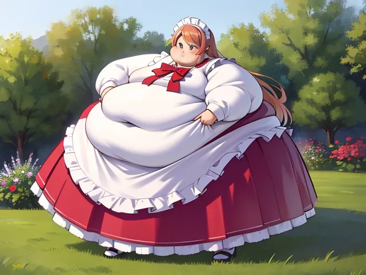 masterpiece,  best quality, Advanced Details ,  very obese ,  girl,  cute,  sitting on the floor,  very obese ,  My stomach is very sticking out, very big legs , Standing in the garden ,  The entire dress completely covers the body.、(pink long sleeve maid ...