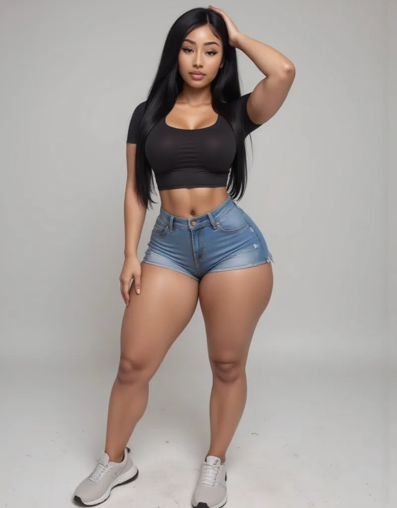 ((Full body)), front view,  , straight black hair, bigboobs, ((  denim shorts, sexy top, gym shoes, ((( curvy body, wide hips))) )), plain background
