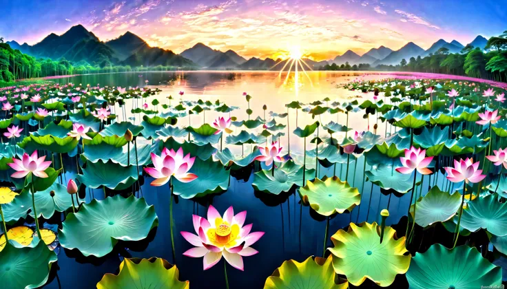 超 high image quality, high image quality, high quality , Spectacular Scenery , Magnificent Pure Land of Paradise ,((( large group of huge and very beautiful lotus flowers that fill the surface of the lake))),(((1000 lotus flowers on the surface of the la...