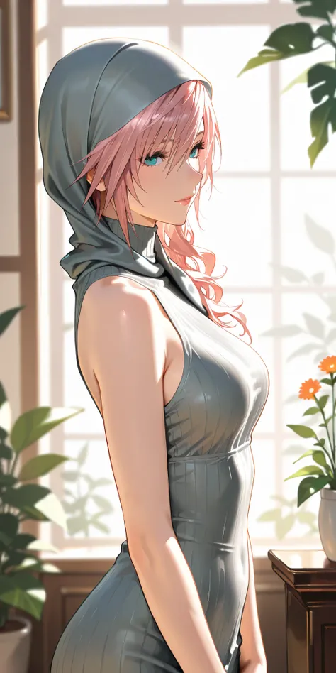 Masterpiece, mature woman, lightning farron, slim, medium breast, sleeveless turtle neck,  upper body, ultra detailed, highres, absurdres, final fantasy xiii style, hijab dress, sunlight reflection of body, bedroom, plants and flowers background, attractiv...