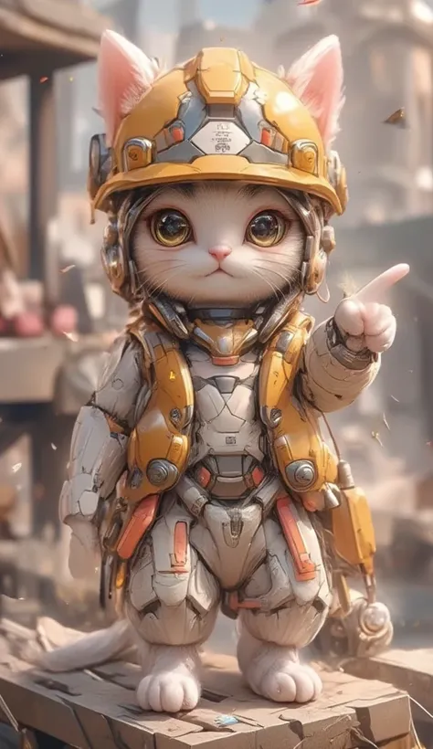 最 high quality,  high quality,  Detailed Details  , reality,  the cat is pointing at , White and grey fur cat  , stand on one leg,  is wearing a yellow helmet for work,About ,Construction site background ,  the background is only pastel colors ,  fish floa...