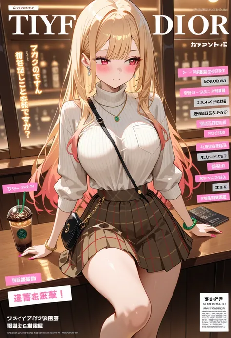 Marin Kitagawa, sitting at a stylish café booth, casually sipping her iced coffee through a straw, shifting her weight as she extends one leg, looking away at the outside view, body angled slightly away from the camera, long wavy blonde hair softly cascadi...