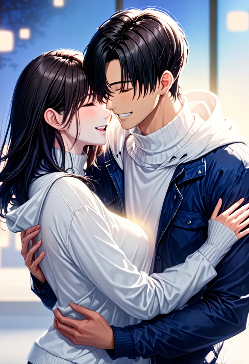 Couple's Hug ,  dark-haired young man"Asuka": white hoodie with blue jacket, Black-haired beauty"Haruna": white turtleneck sweater, ((background:Heartful pale light effect :1.8))