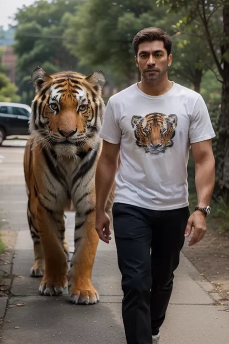 A man in a T-shirt shirt , black trousers, walks next to a very large Siberian tiger than usual,directly facing the camera 