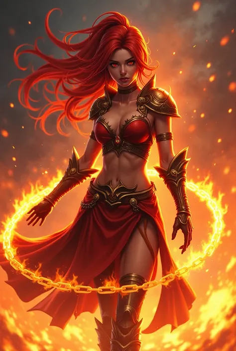 "4K anime style quality, digital drawing mode, a fierce female fighter with flowing red and orange hair, intense amber eyes, and flame-themed armor, standing amidst a blazing inferno, her chain whip glowing red-hot as she spins it around, full body, dynami...