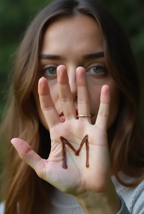 "Have you ever noticed the 'M' shape in your palm?"	A close-up of a person’s palm, showcasing the distinct 'M' shape formed by the lines. The background is softly blurred, giving a sense of mystery and intrigue. The subject is a young Caucasian woman, arou...