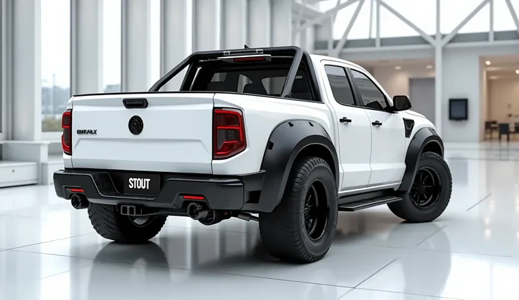 create an ultra-detailed 3D render of a modern, close-up side view of modern 2025 Stout pickup With a bold design. The car should feature a "Gleamy glossy painted  white " color with a prominent pickup logo on its prominent back, and headlights. The body s...