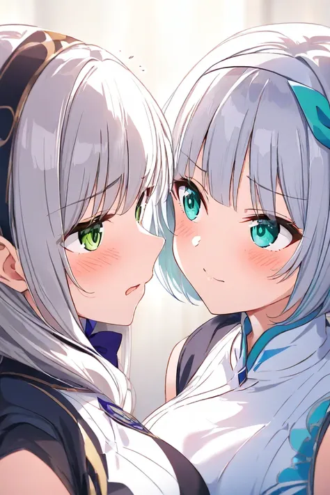  girl2人（ girl１（ long hair（ Gold、 green eyes、Big Breasts、A pair of hair ribbons left and right））、 girl2（ short hair（Aqua Eyes、 Silver Hair、hair band style ribbon、 small tits）））、 blushes、 staring at each other