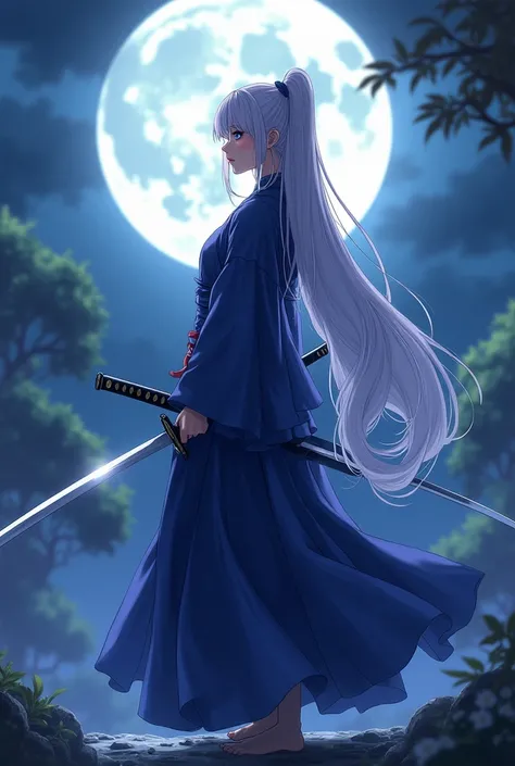 "4K anime style quality, digital drawing mode, an elegant female samurai with long silver hair, soft lavender eyes, and flowing midnight blue robes, standing under a full moon in a tranquil garden, her katana glowing with moonlight as she readies for battl...