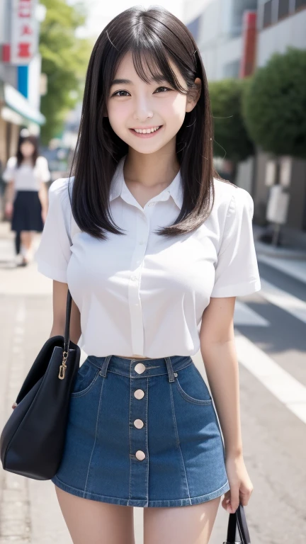   female middle school student 、 black hair、clear、 Japanese,(petites),(small face),japanese,with detailed eyes and a lively smile、 she's laughing ， Simple Face 、 naive face 、 a boy who is 135 cm tall 、Short torso、   big breasts 、 Big Breasts ，   saggy ches...