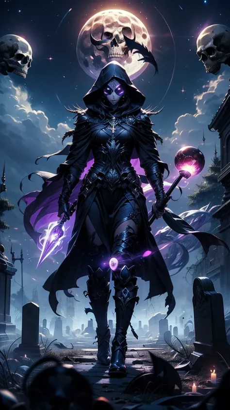 A female, legendary female necromancer with evil hooded, whole body, ultra realistic painting, incredibly absurdres, award winning photography , extremely detailed, amazing, awesome, ultra detailed depictions artwork, fine detail, (from front, (looking dow...