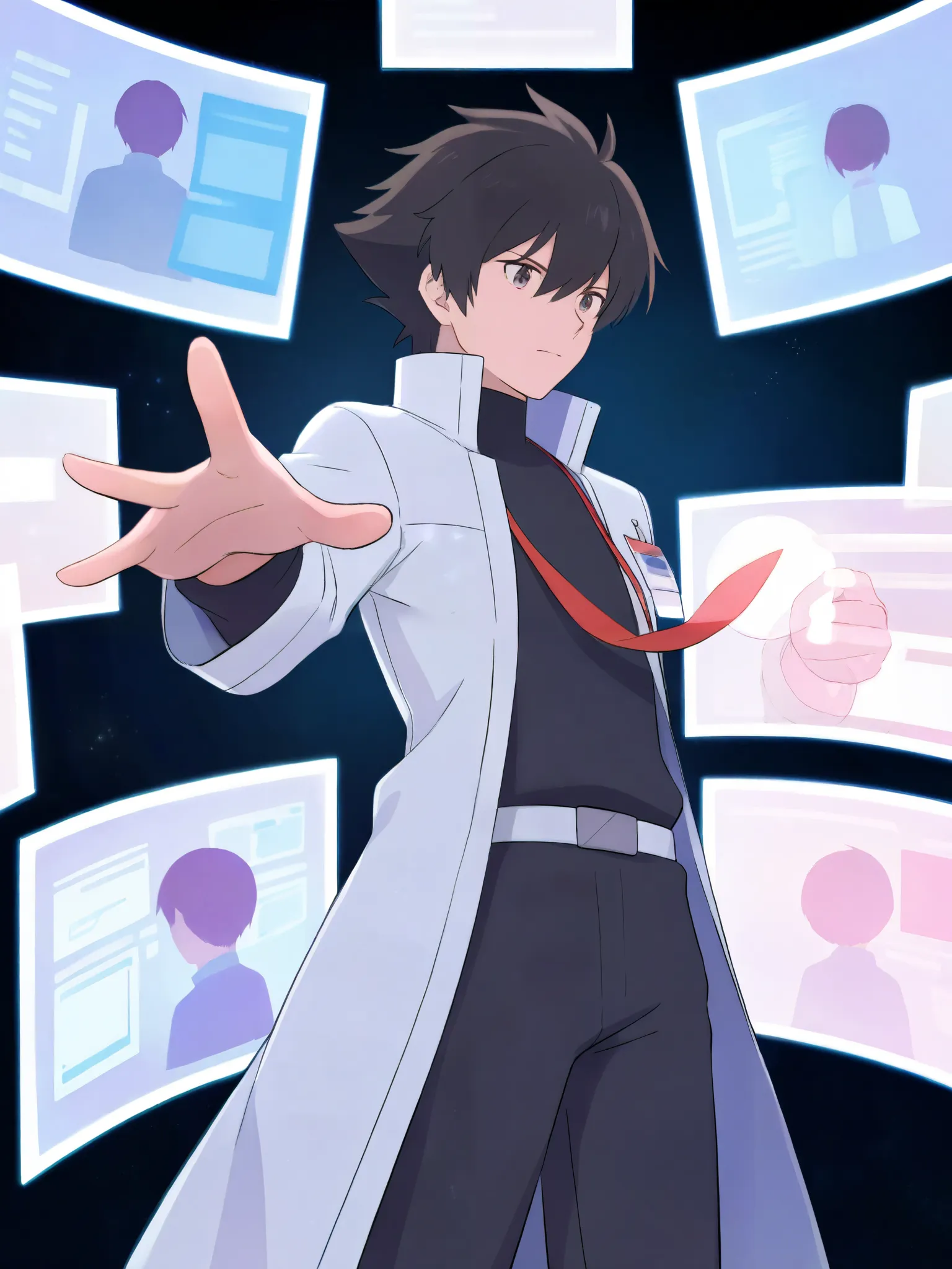  young anime scientist surrounded by floating holographic screens , Surrounded by floating holographic screens ,  High concentration ,  dynamic pose, Futuristic lab settings.